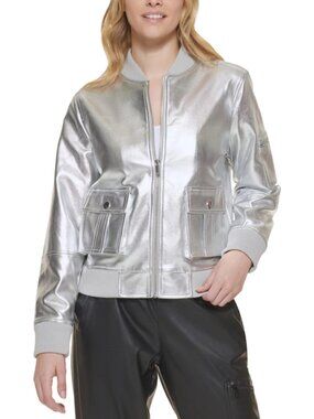 Karl Lagerfeld Paris Metallic Silver Bomber Jacket Logo Embossed Back Large